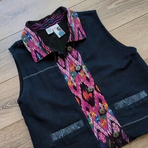 Recycled Traditions Vest - Black + Colorful Tapastry Tribal 100% Cotton Handmade